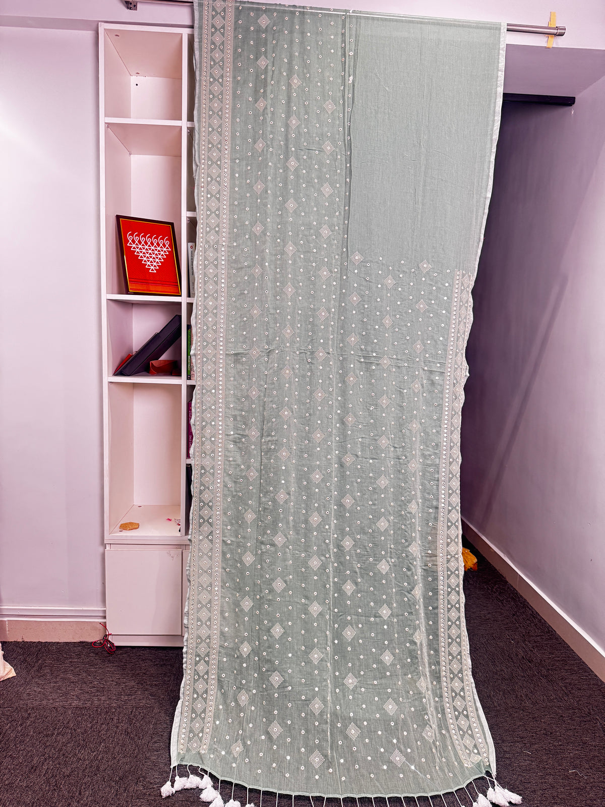 Sage Green Mirror Embroidery Mulmul Saree