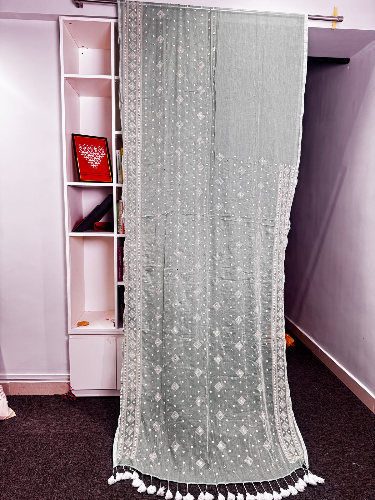 Sage Green Mirror Embroidery Mulmul Saree