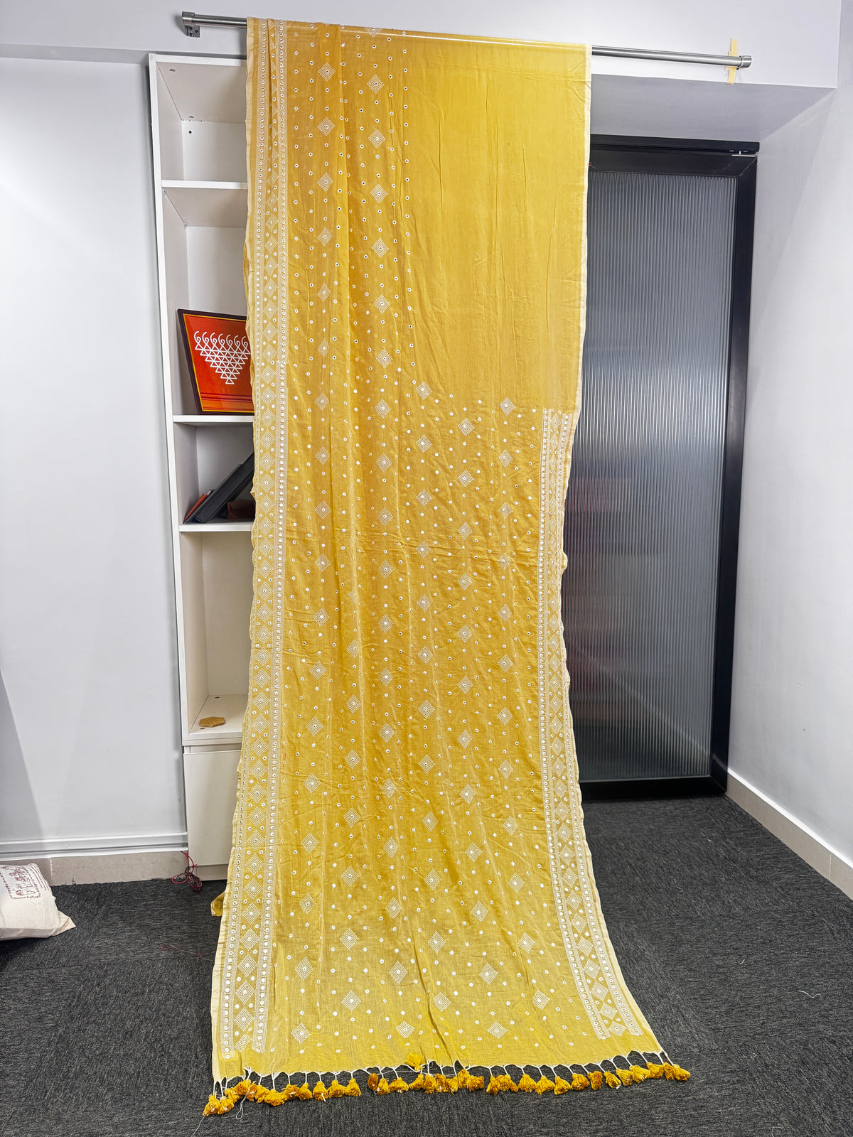 Mustard Gold Mirror Embroidery Mulmul Saree