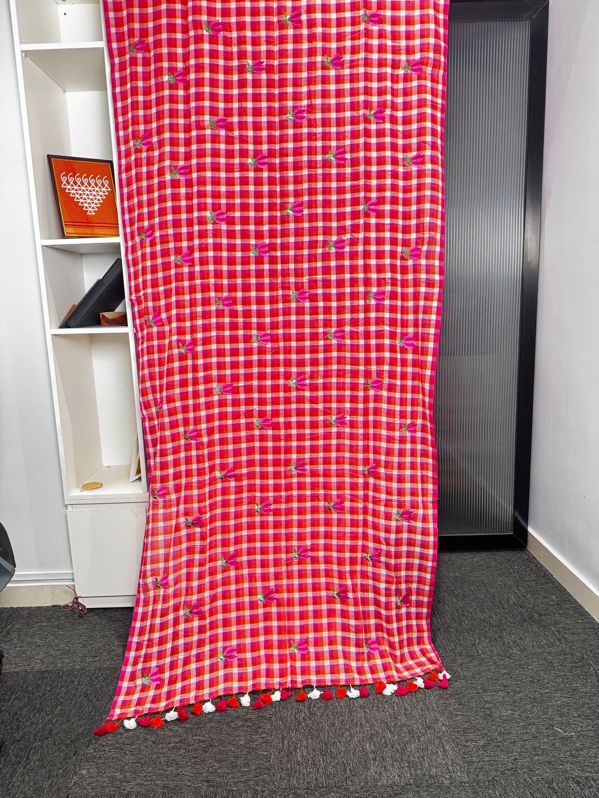 Ruby Coral Pink Rose Check Mulmul Saree