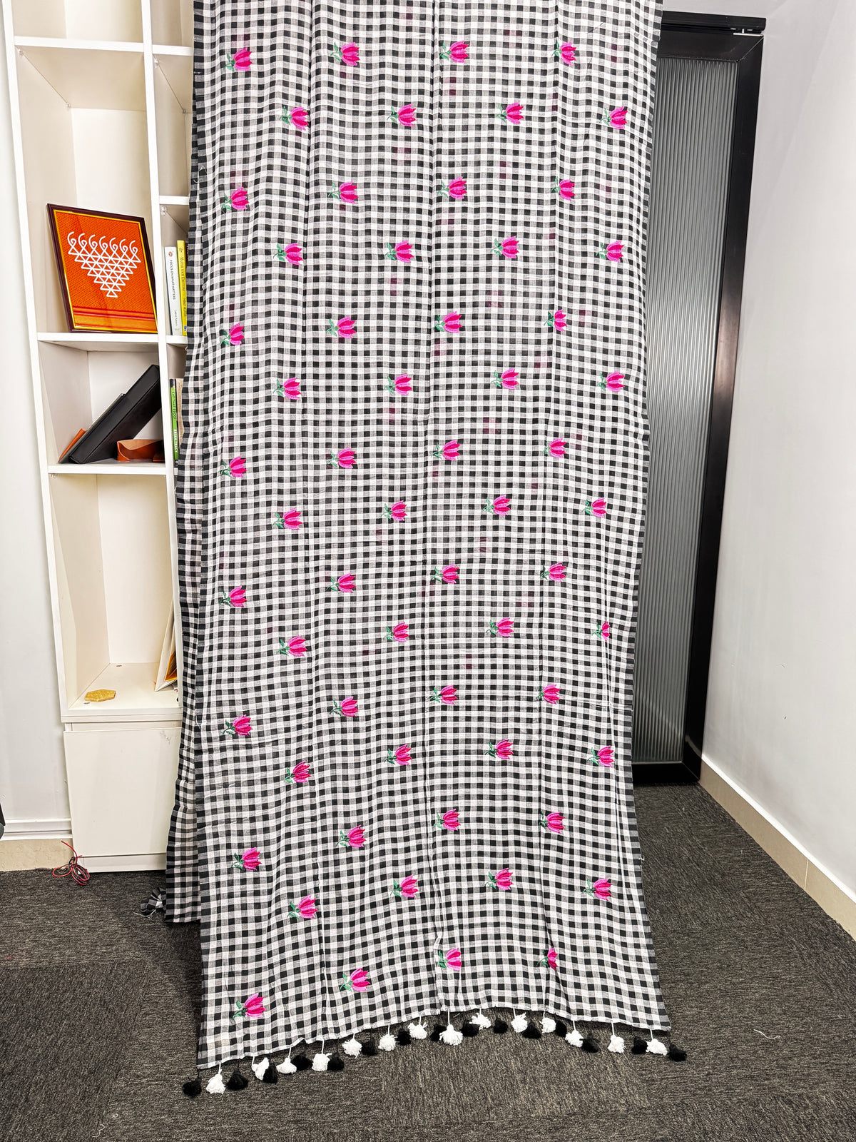 Black & White Rose Check Mulmul Saree