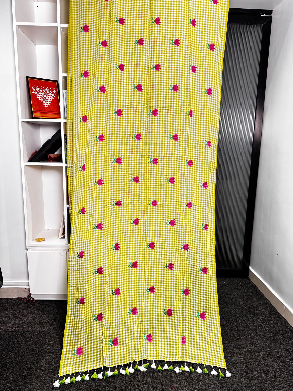 Lime Zest Rose Check Mulmul Saree