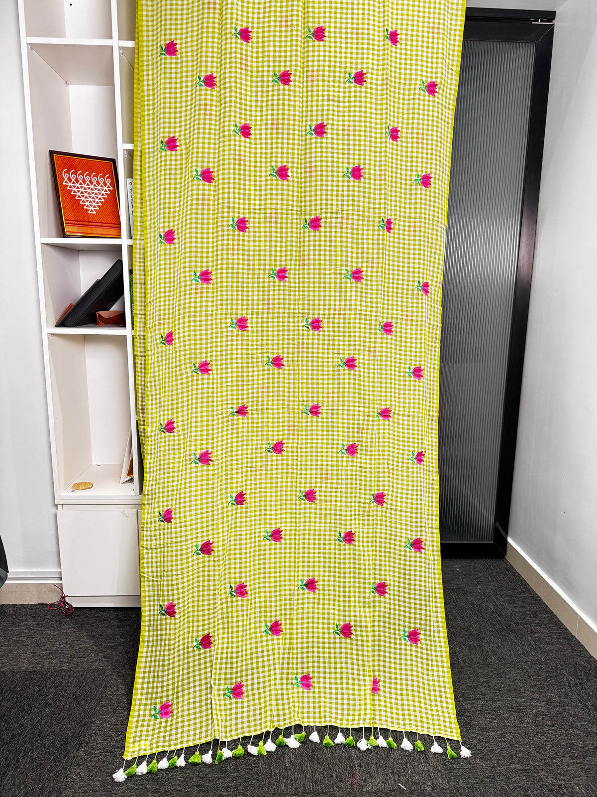 Lime Zest Rose Check Mulmul Saree