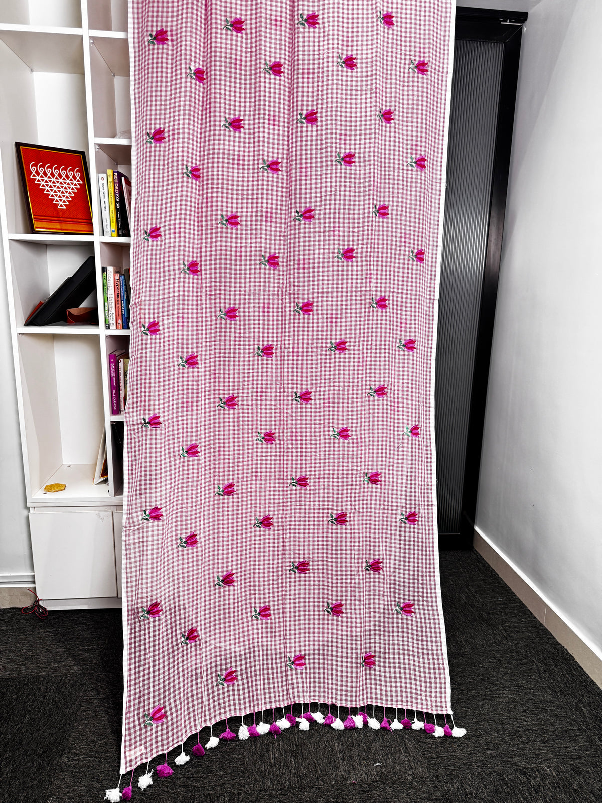 Dusty Rose Check Mulmul Saree