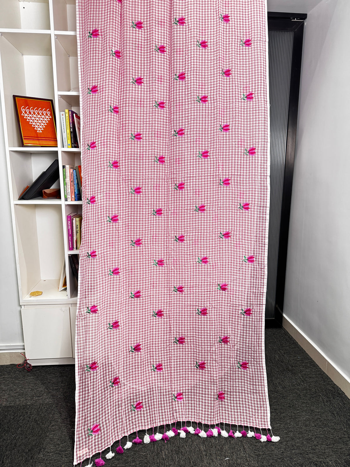 Dusty Rose Check Mulmul Saree
