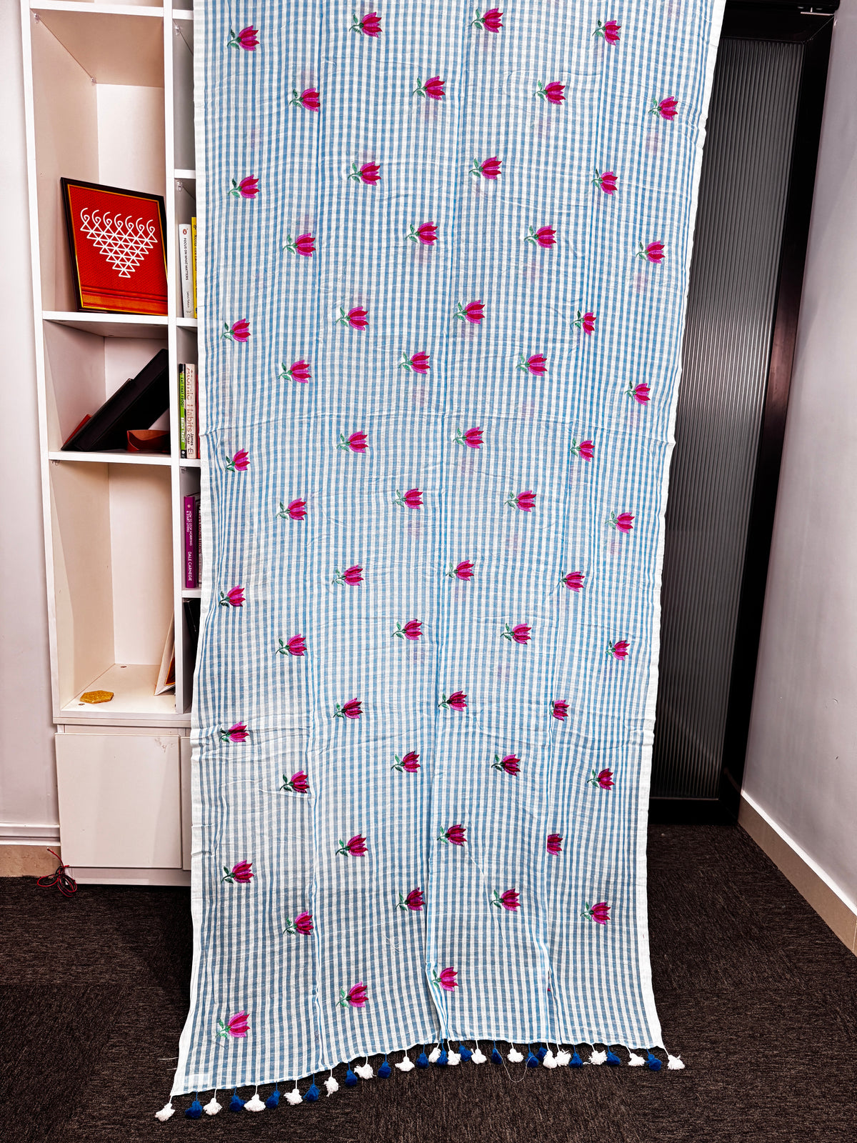 Sky Blue Rose Check Mulmul Saree