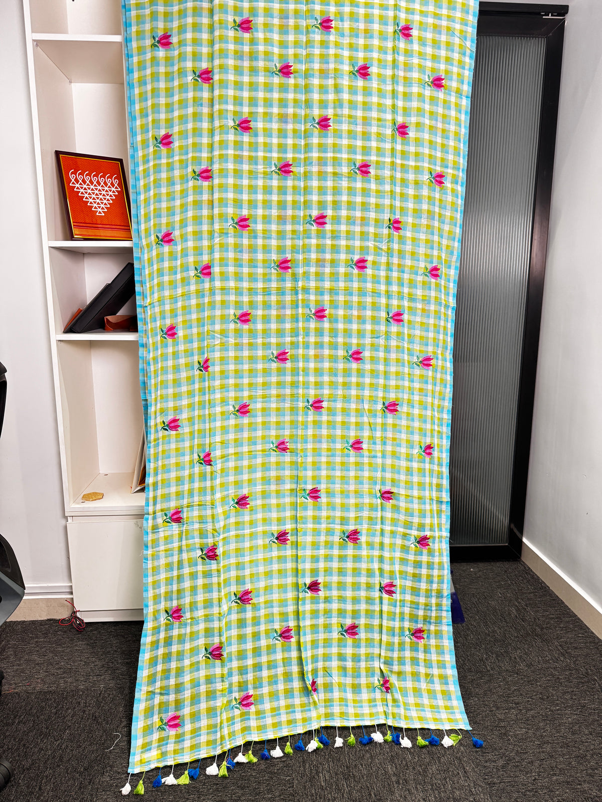 Mint Green Rose Check Mulmul Saree