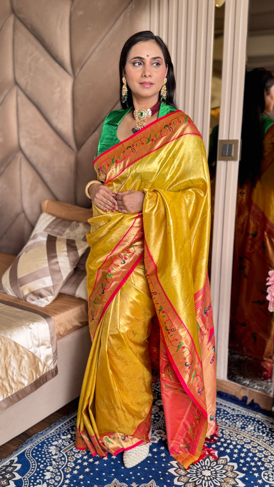Yellow Silk Blend Tissue  Paithani Saree with unstitched blouse