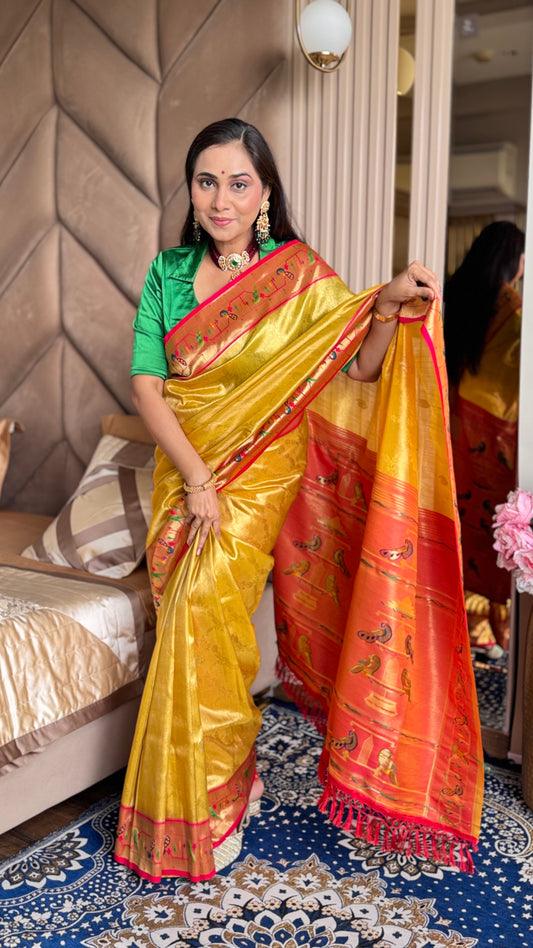 Yellow Silk Blend Tissue  Paithani Saree with unstitched blouse