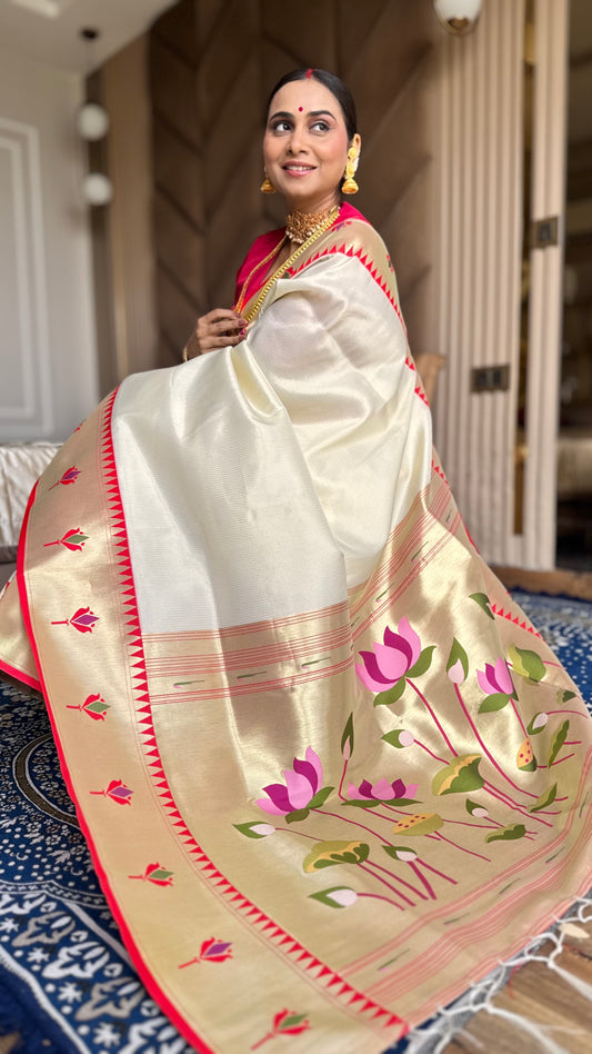 White Kanjivaram Silk blend Tissue Paithani Saree with unstitched blouse