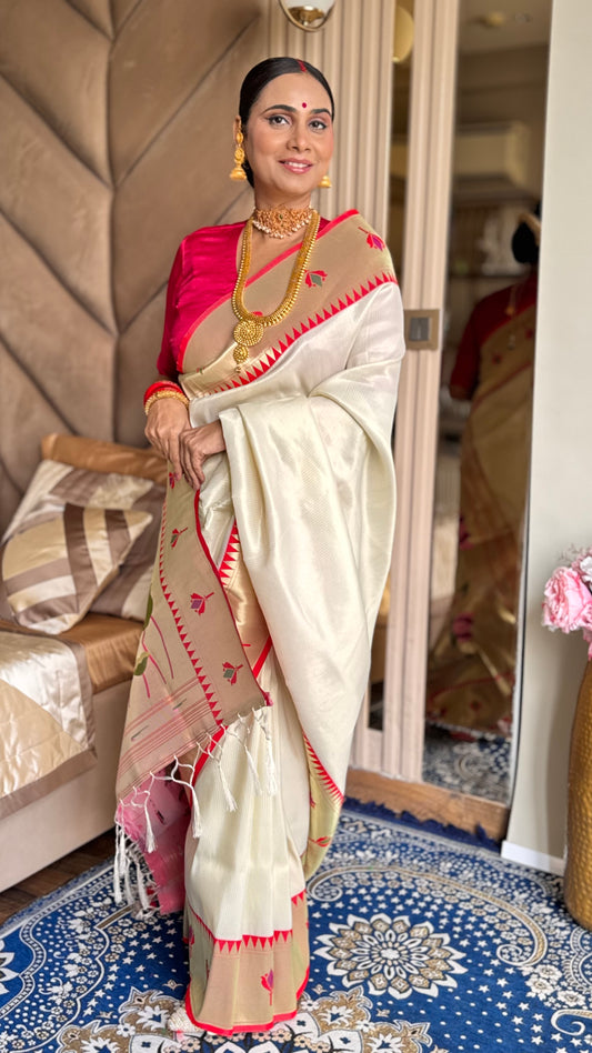 White Kanjivaram Silk blend Tissue Paithani Saree with unstitched blouse