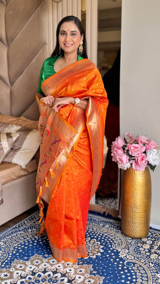 Orange Kanjivaram Silk blend Paithani Saree with unstitched blouse