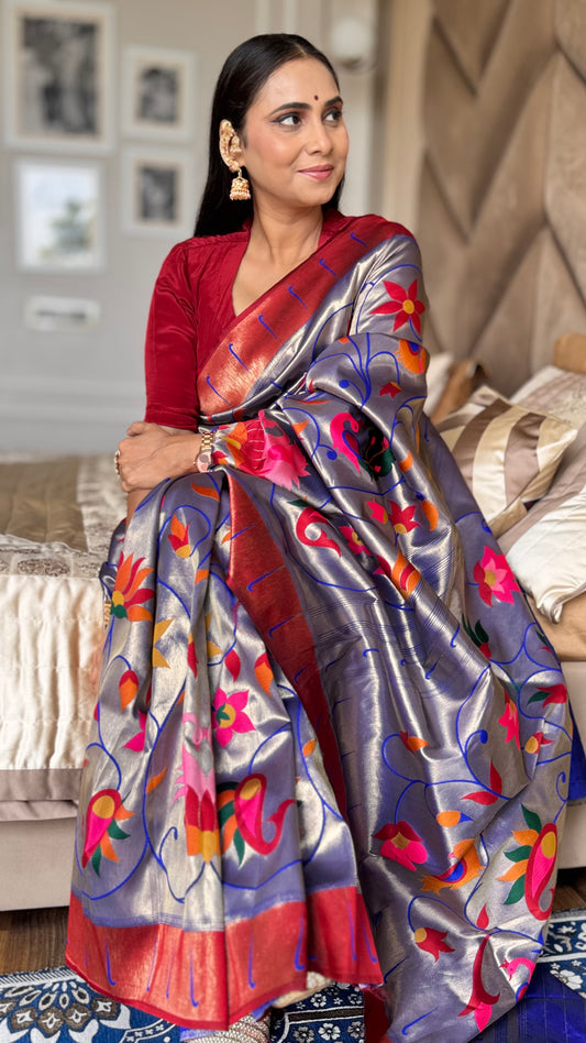 Greyish Blue  silk blend Brocket Paithani Saree with unstitched blouse