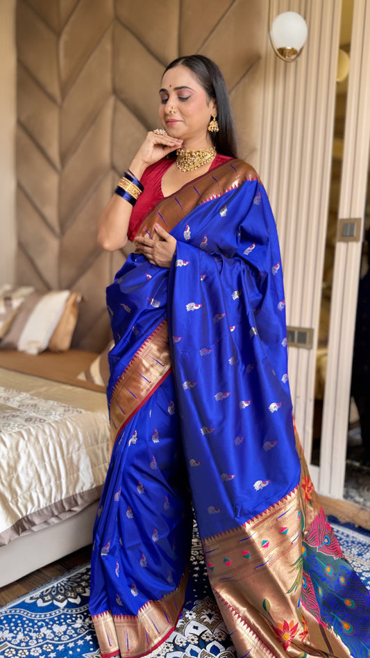 Royal Blue Kanjivaram Semi Soft Silk Paithani Saree with unstitched blouse