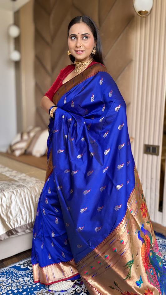 Royal Blue Kanjivaram Semi Soft Silk Paithani Saree with unstitched blouse