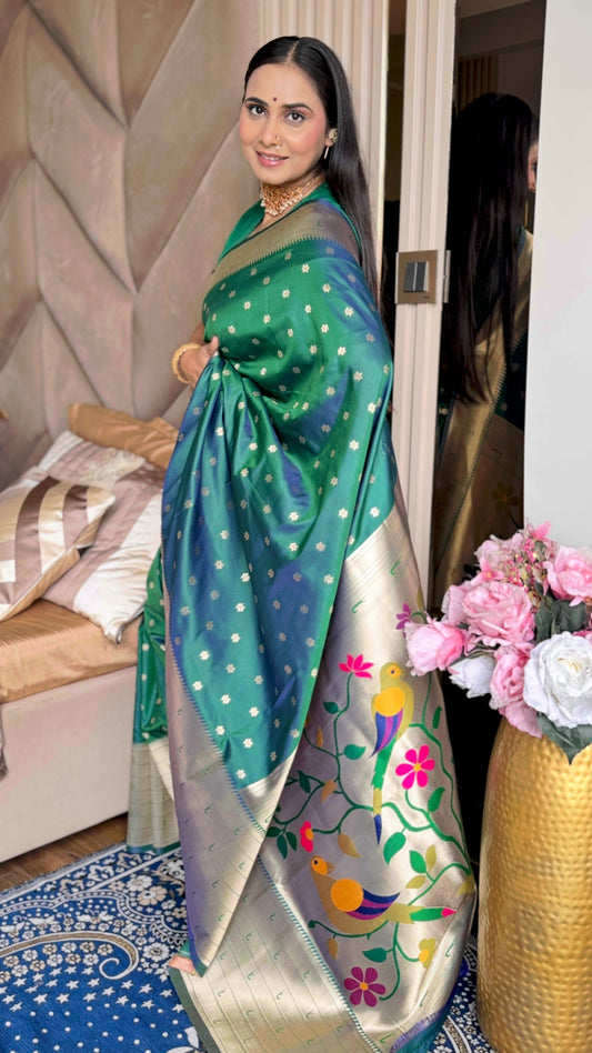 Green Kanjivaram Silk blend Paithani Saree with unstitched blouse