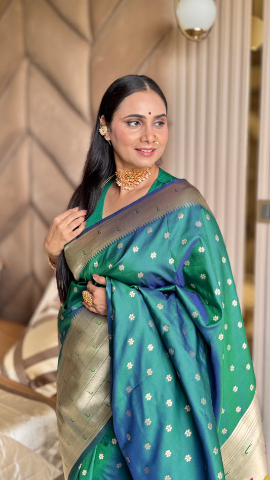 Green Kanjivaram Silk blend Paithani Saree with unstitched blouse