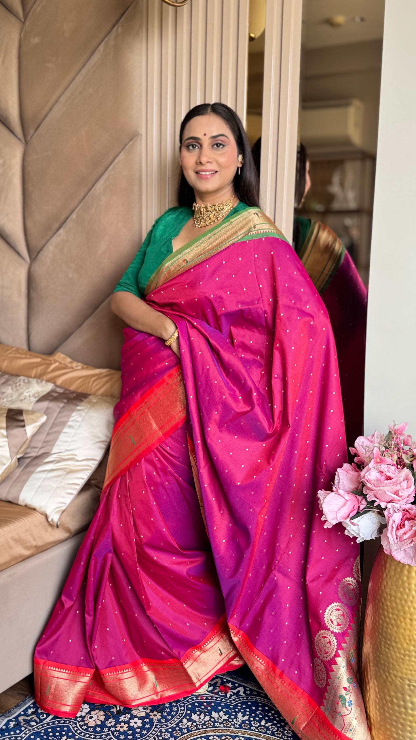 Pink silk blend Paithani Saree Ganga jammuna border with unstitched blouse