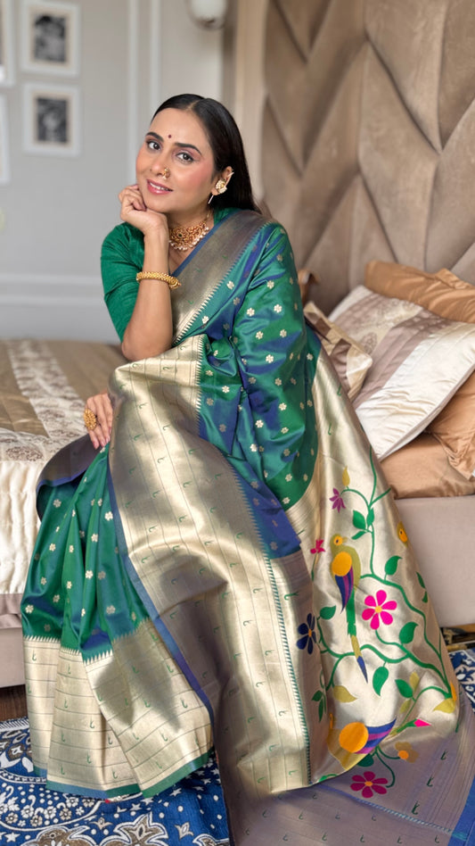 Peacock Green Seven Rows Muniya Skirt Border Paithani