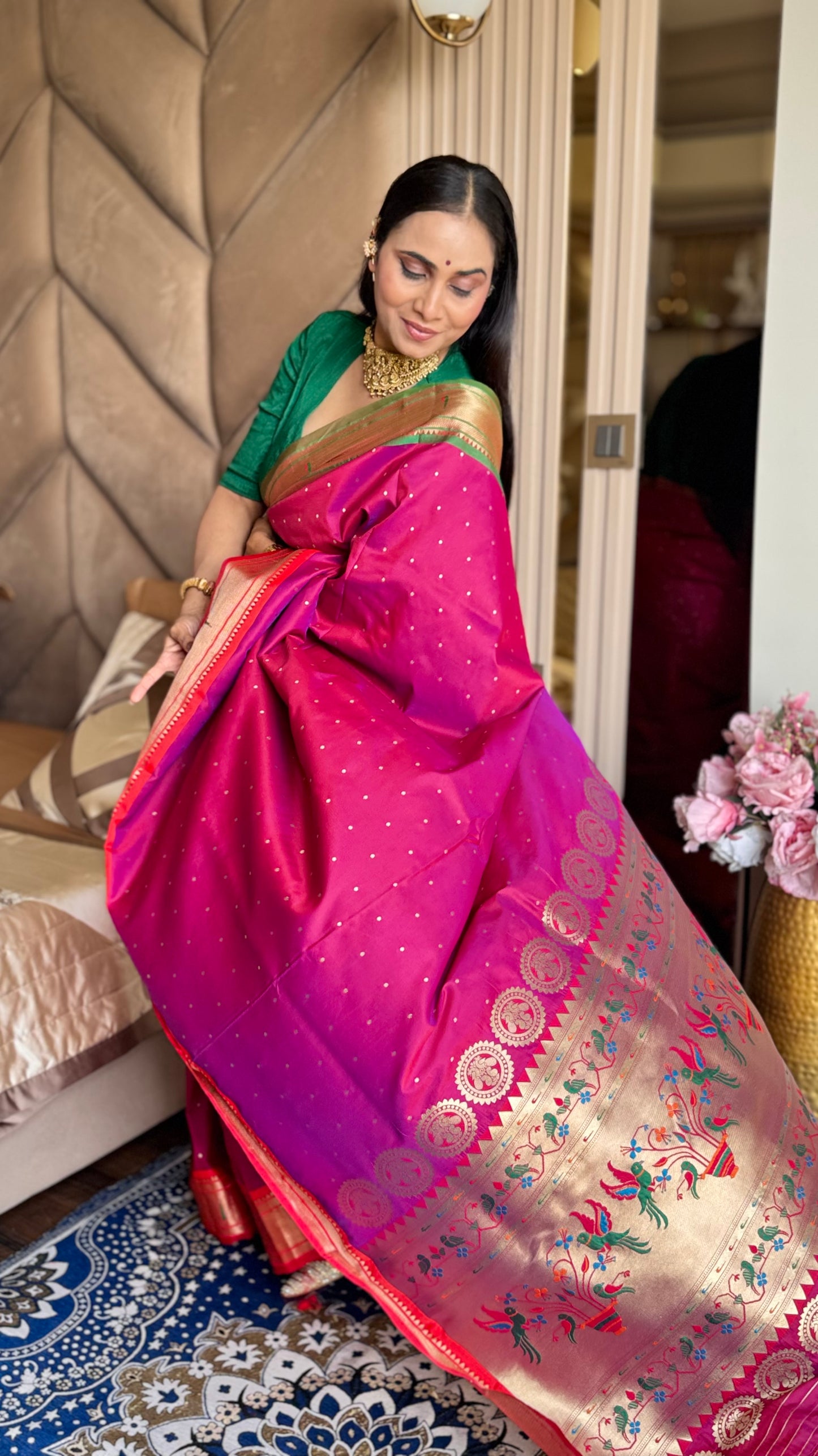 Pink silk blend Paithani Saree Ganga jammuna border with unstitched blouse
