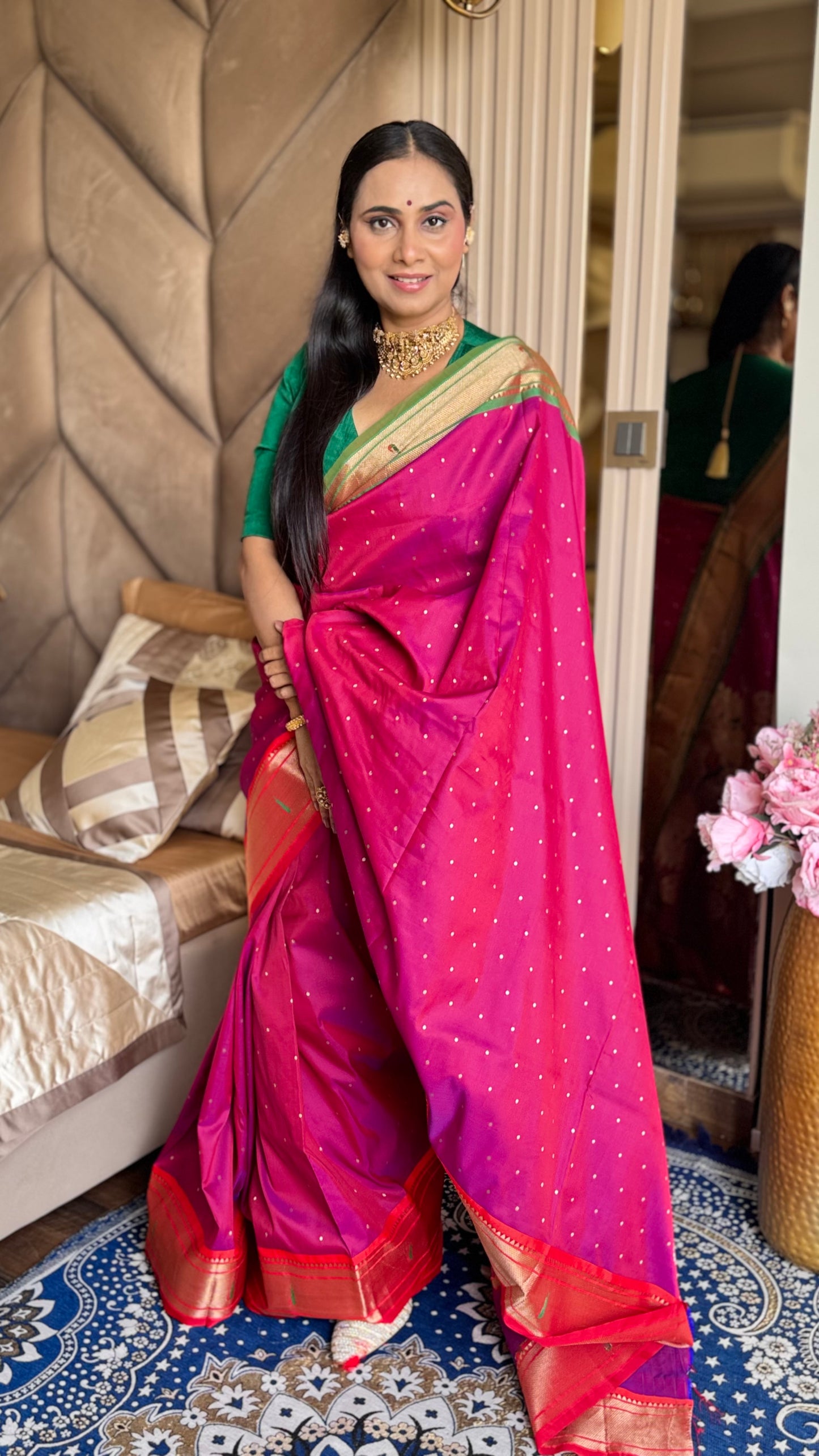Pink silk blend Paithani Saree Ganga jammuna border with unstitched blouse