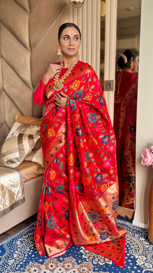 Red silk blend Brocket Paithani Saree with unstitched blouse