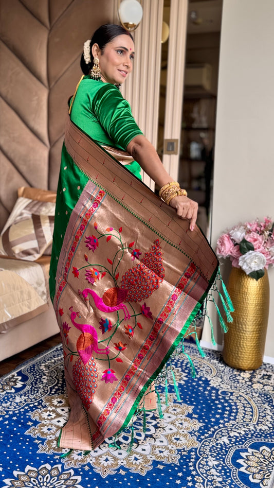 Green Kanjivaram Silk blend Paithani Saree with unstitched blouse