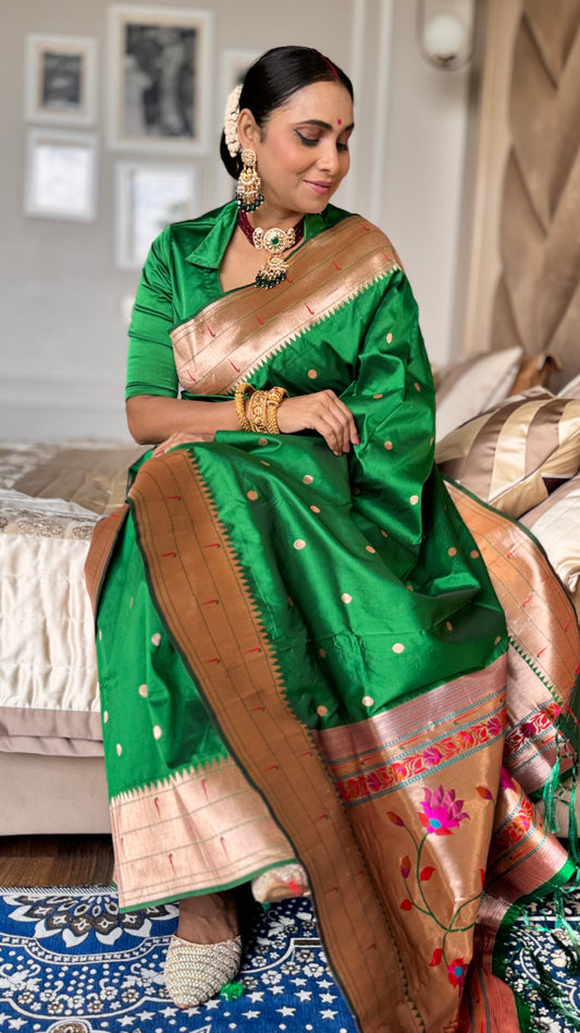 Green Kanjivaram Silk blend Paithani Saree with unstitched blouse
