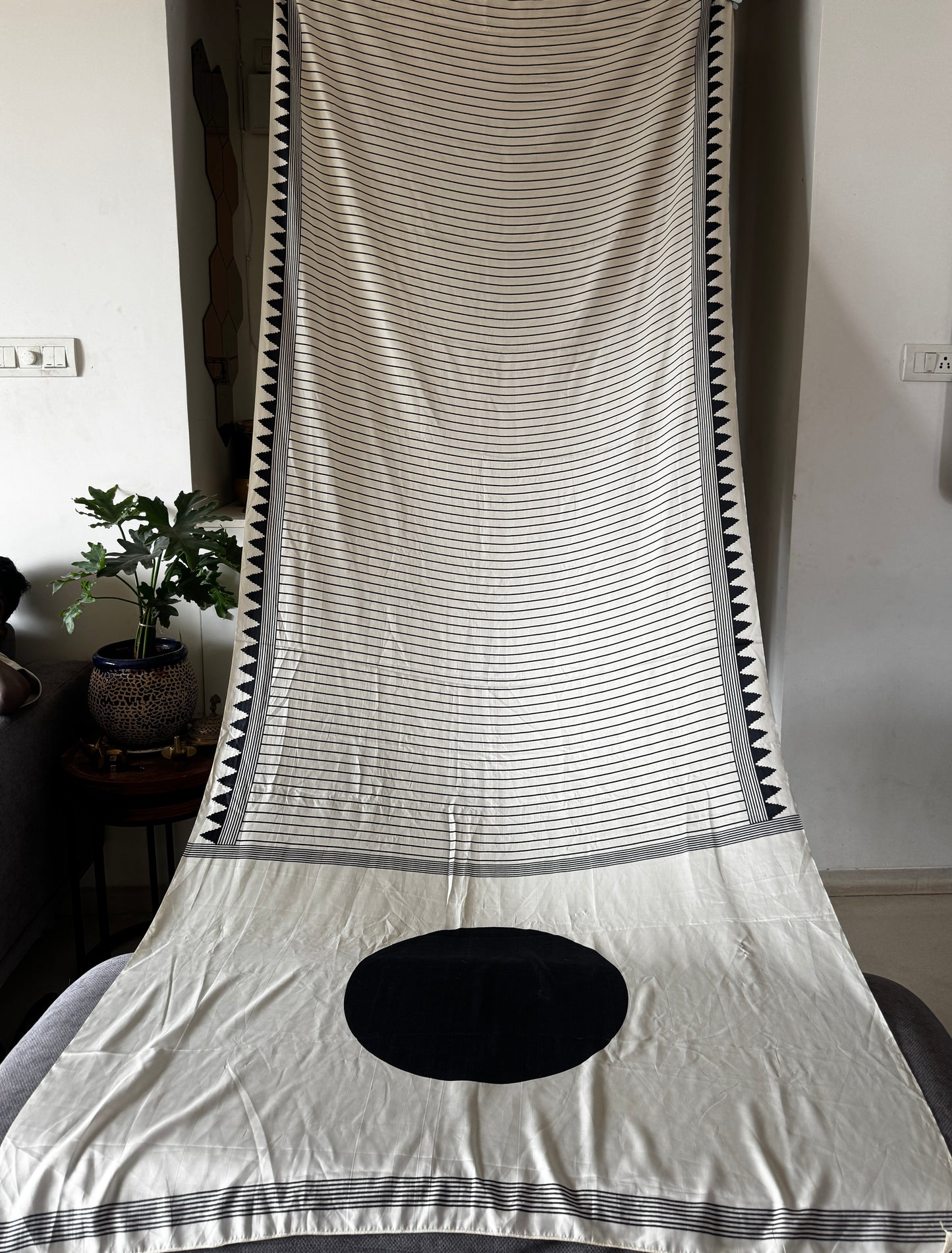 Off white and Black Semi Modal Silk Saree