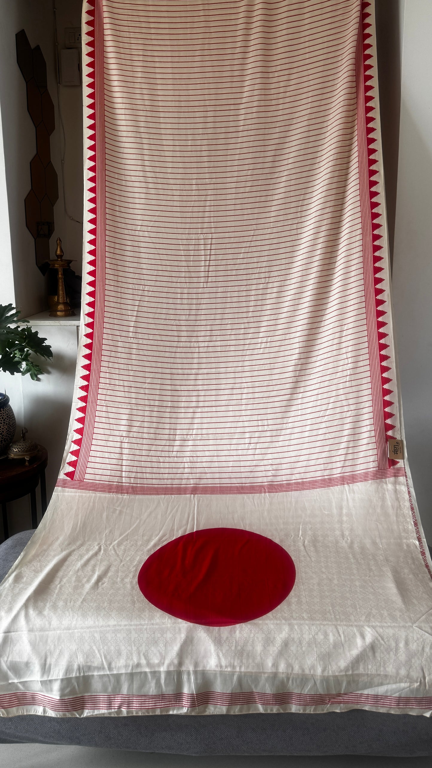 Off white and Red Semi Modal Silk Saree