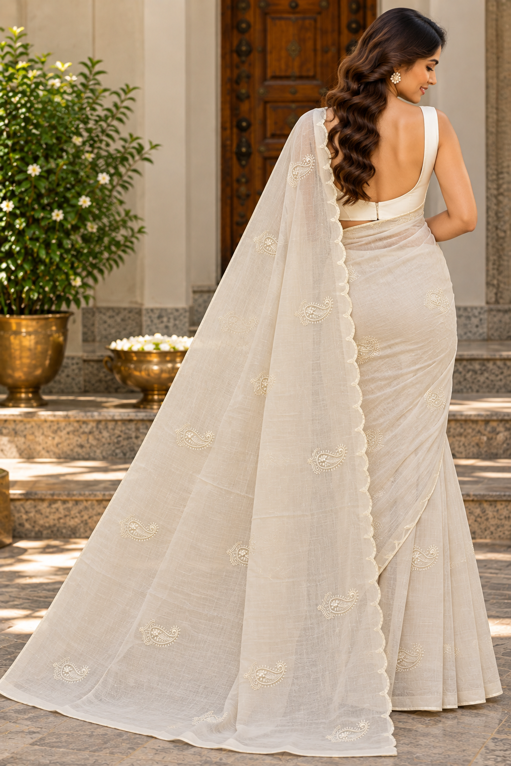 Ivory White Embroidered Pure Mulmul Saree