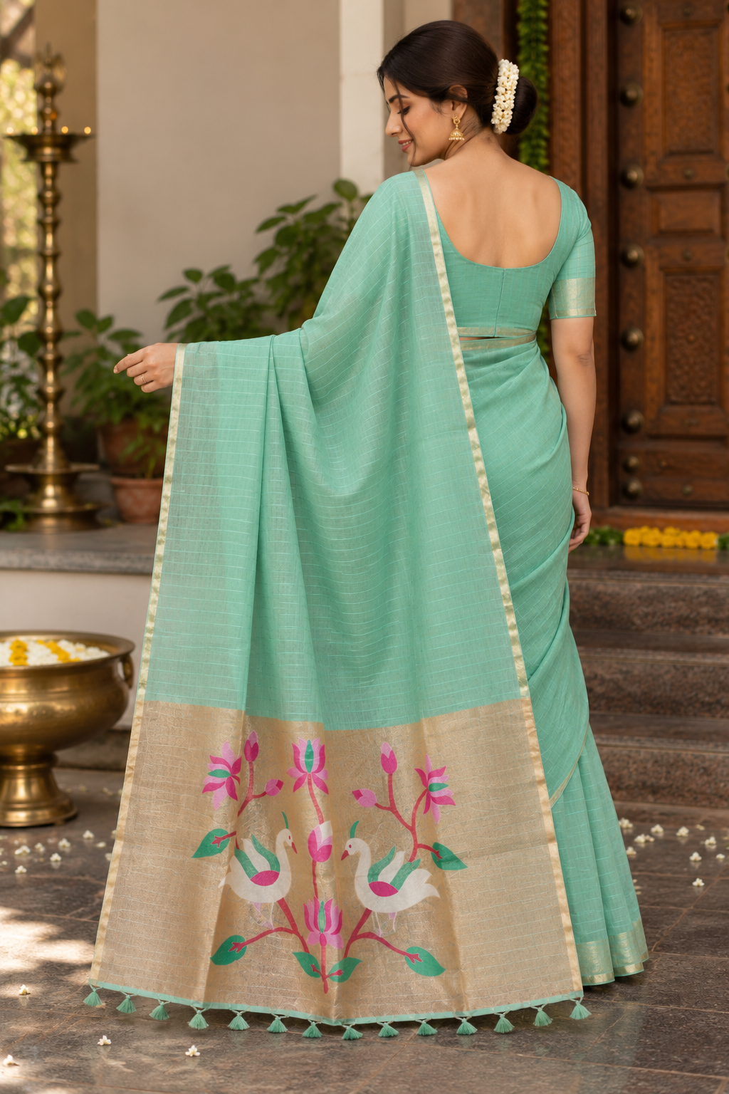 Mint Green Tissue Pallu Cotton Saree
