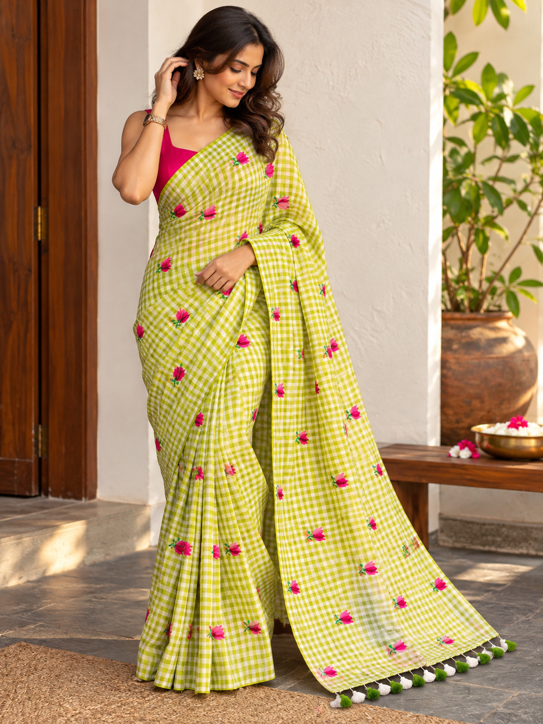 Lime Zest Rose Check Mulmul Saree