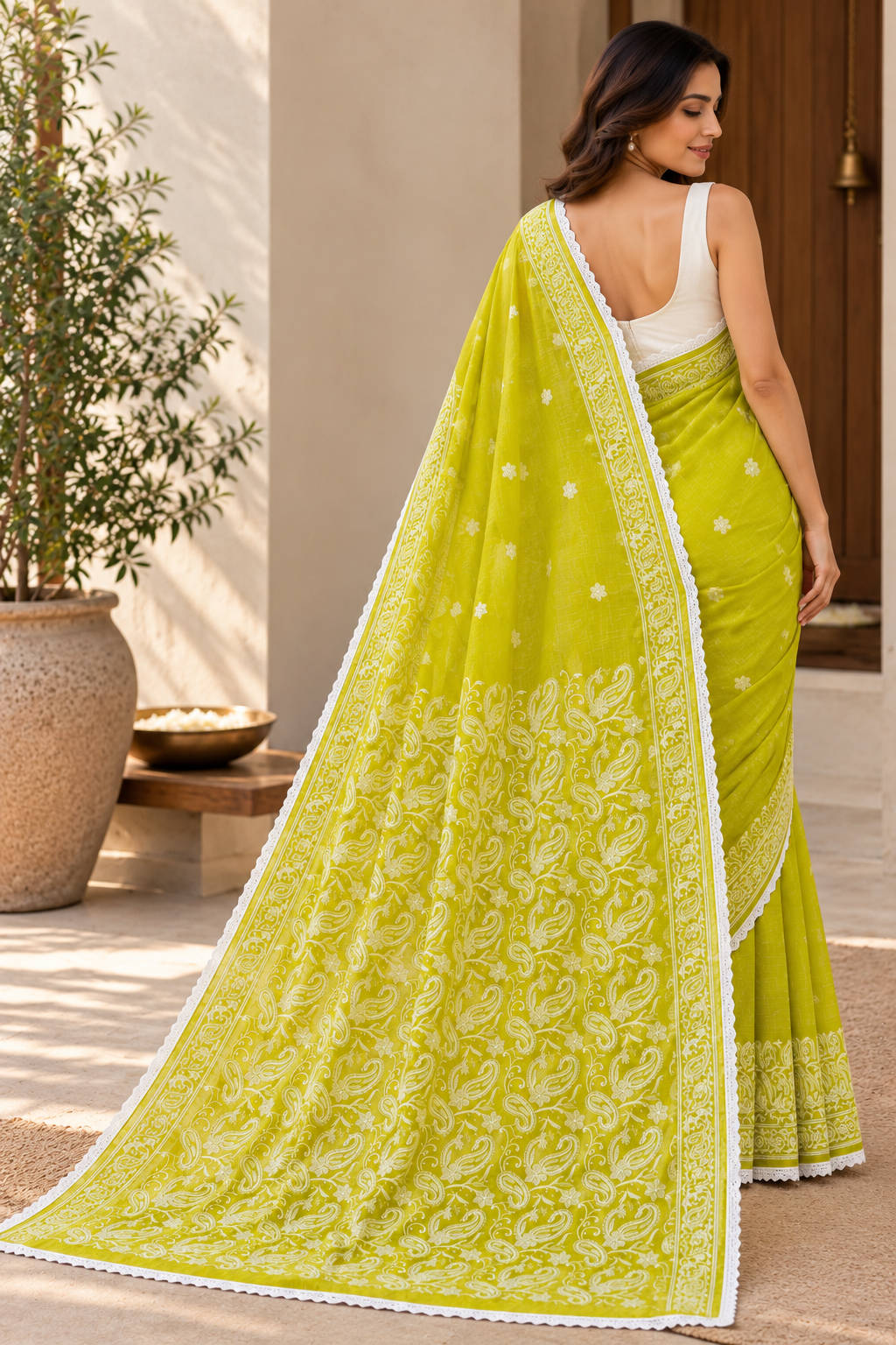 Parrot Green Chikankari Mulmul Saree