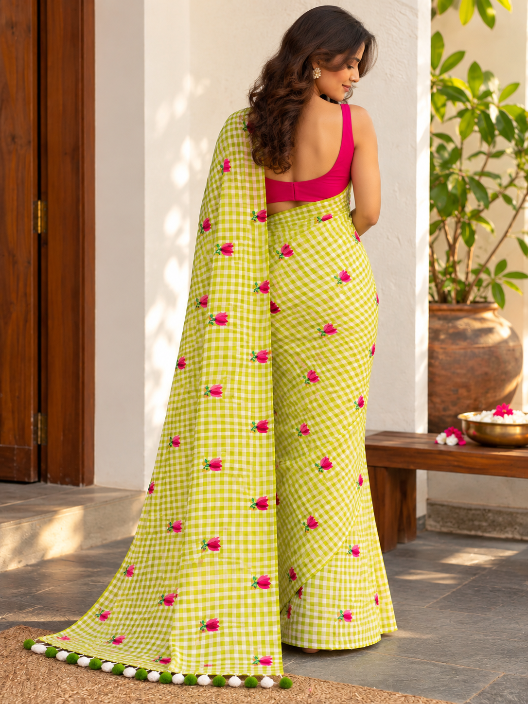 Lime Zest Rose Check Mulmul Saree