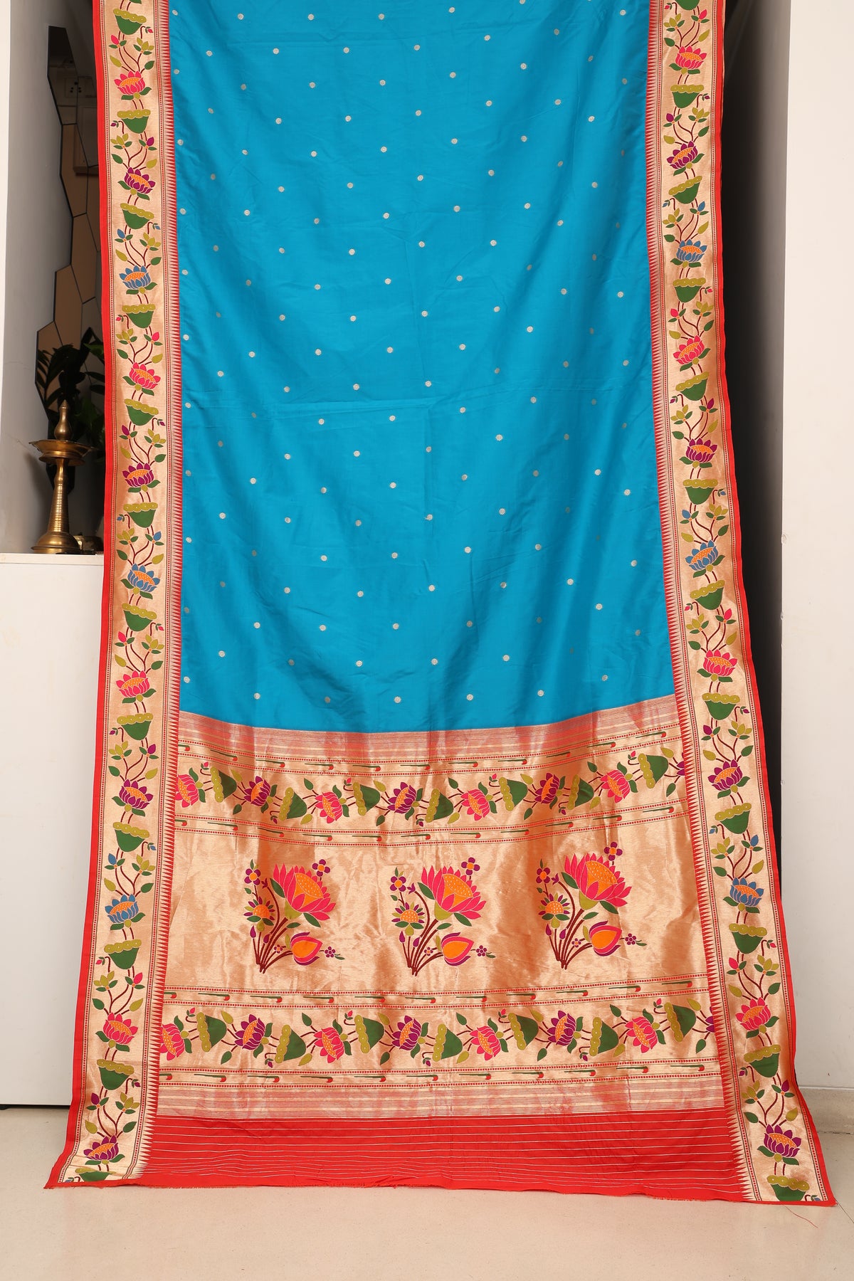 Ocean Blue Lotus Border Paithani