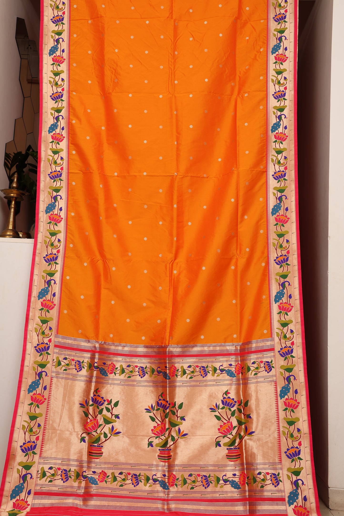 Kesari Orange Lotus Border Paithani