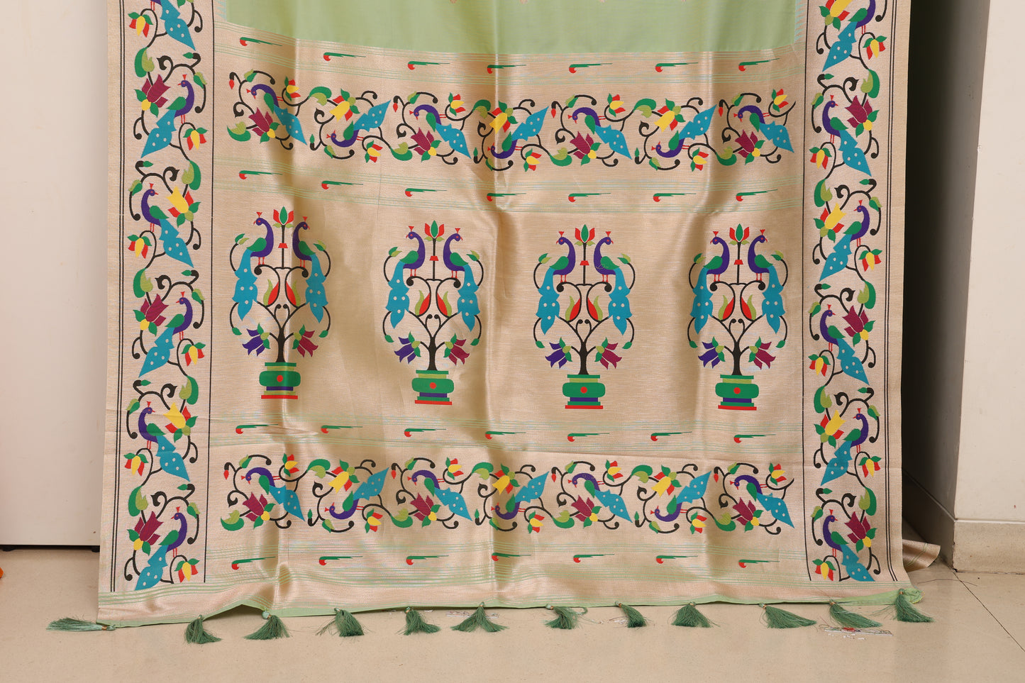Pista Peacock Border Paithani