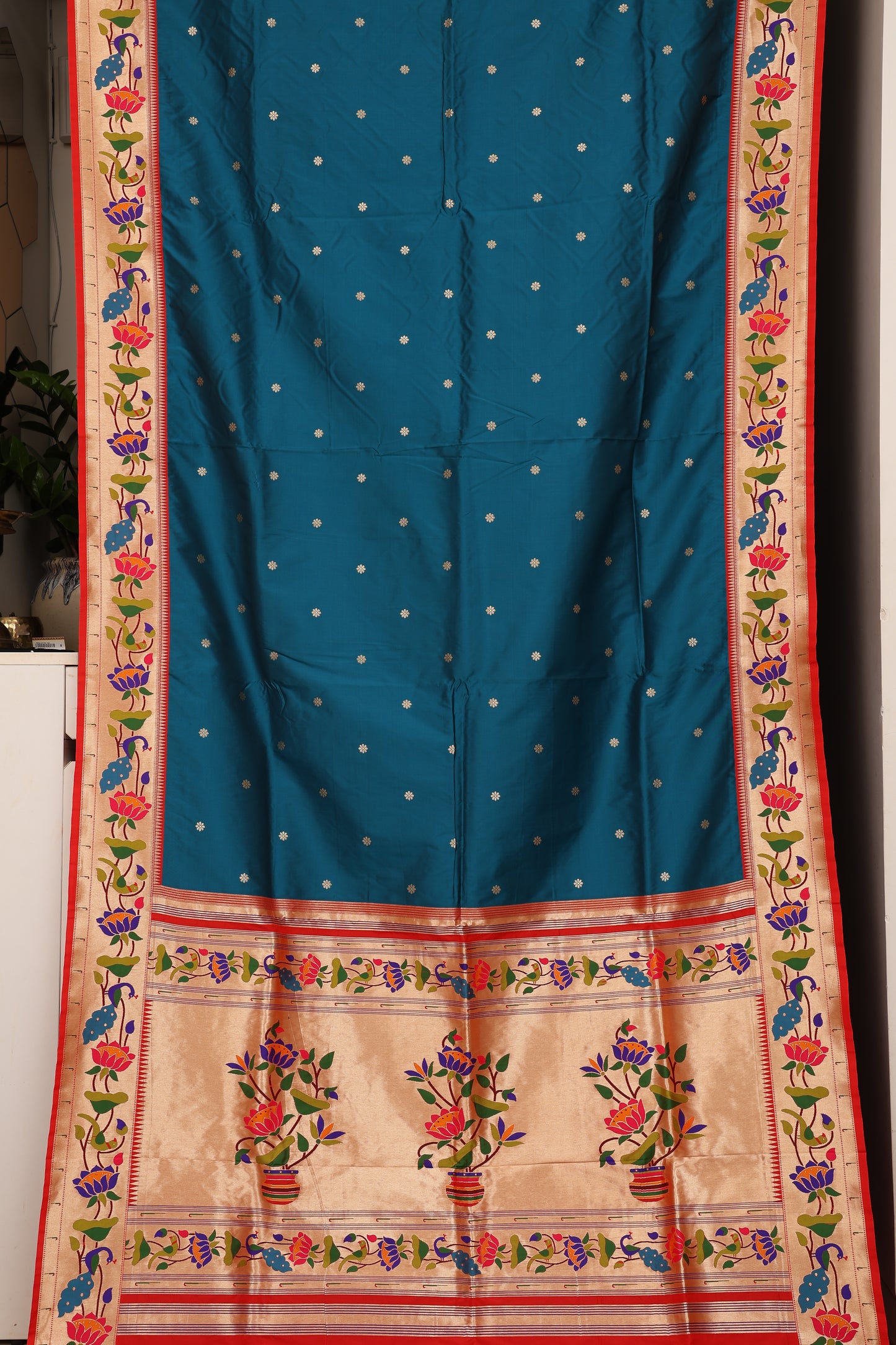 Peacock Teal Lotus Border Paithani