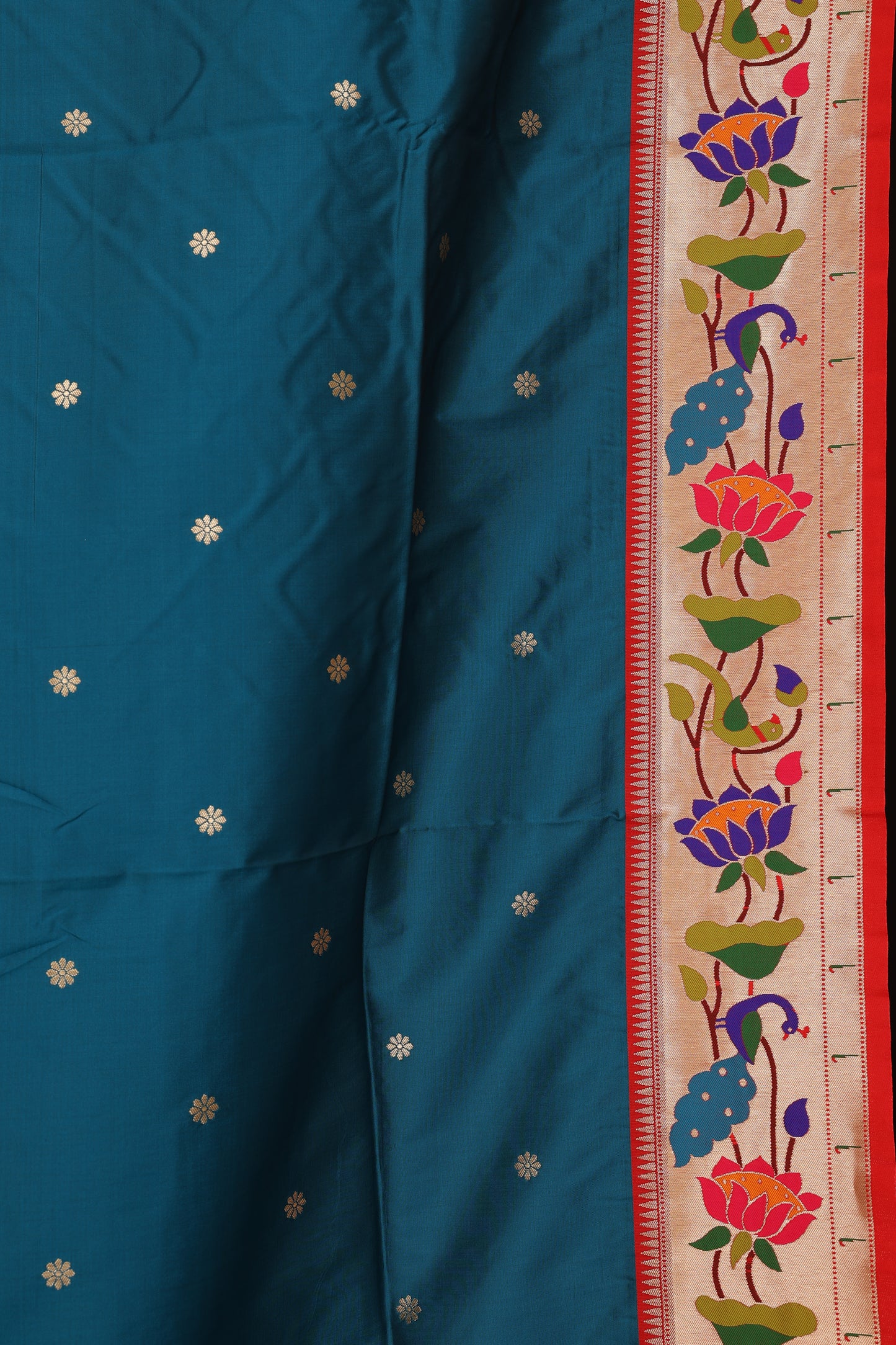 Peacock Teal Lotus Border Paithani