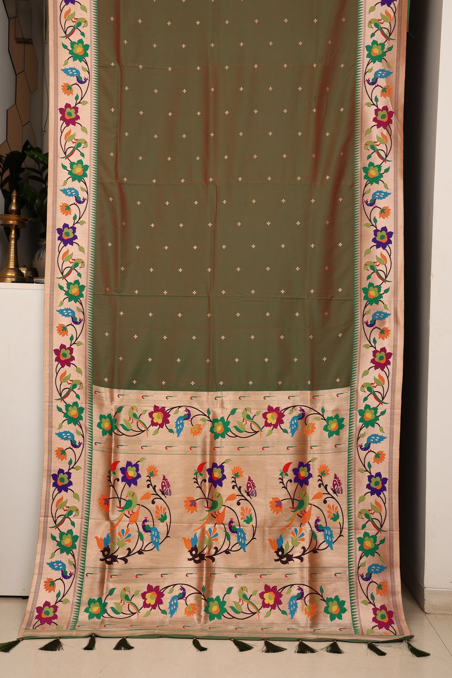 Olive Peacock Border Paithani