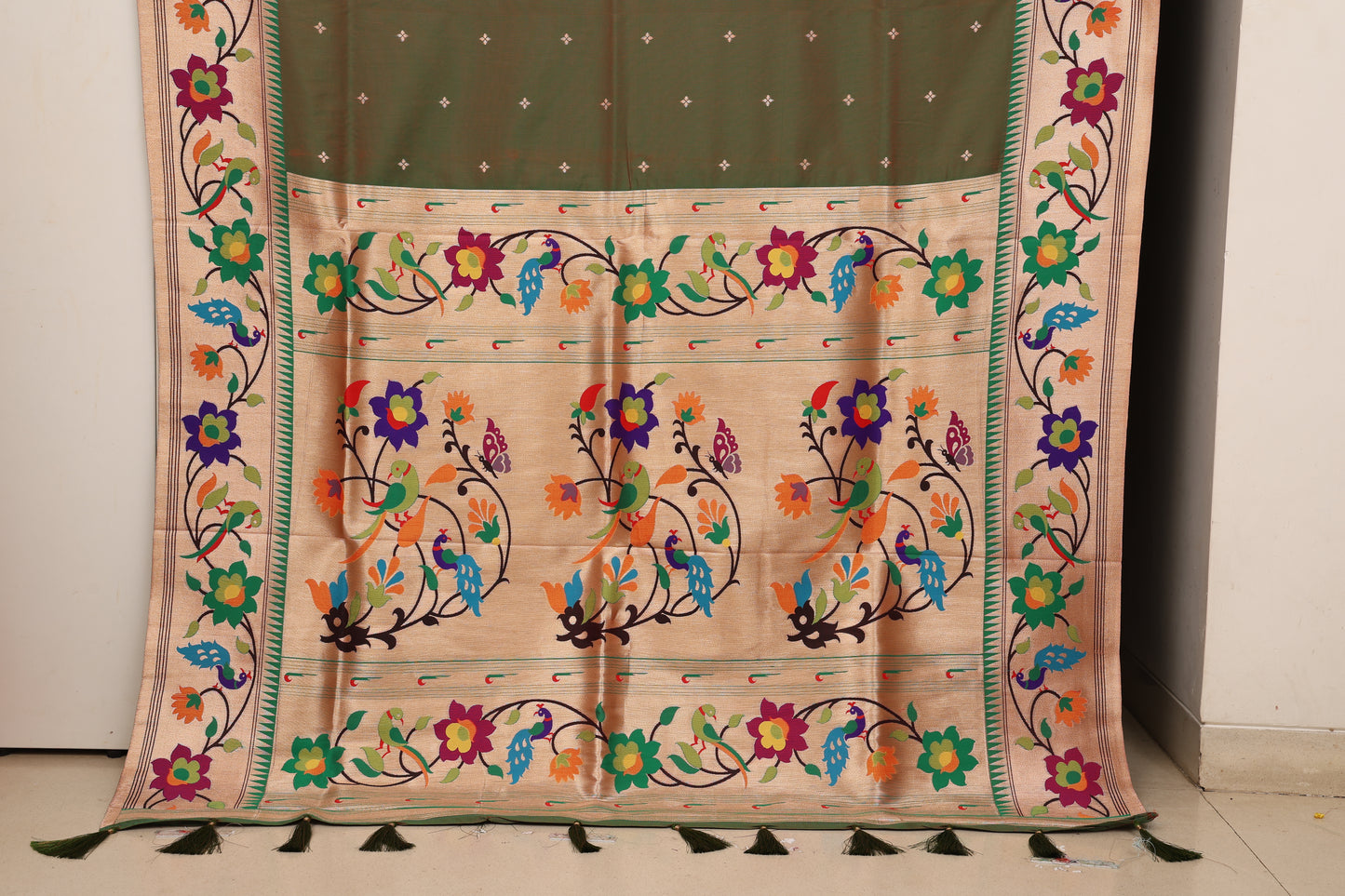 Olive Peacock Border Paithani