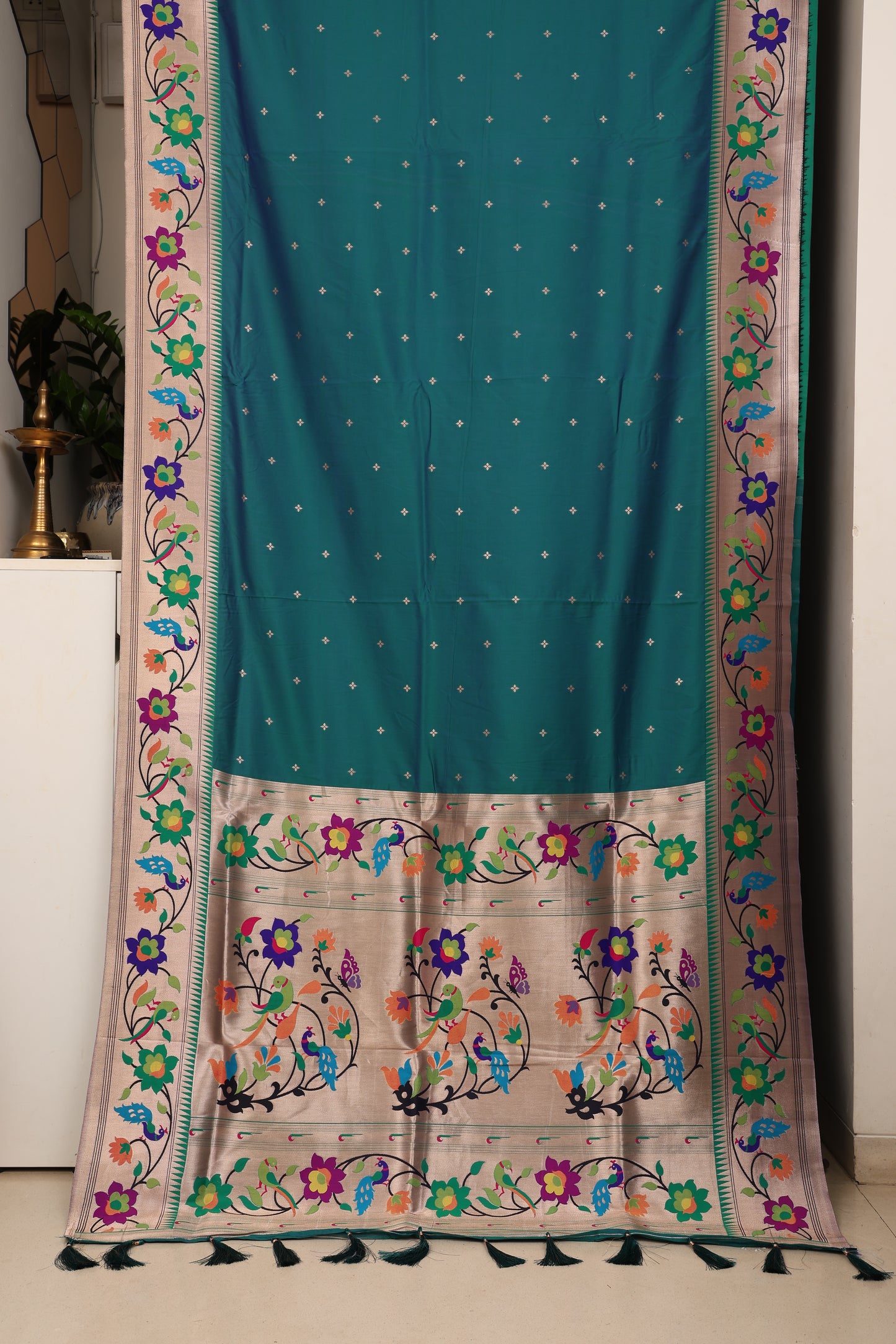 Teal Peacock Border Paithani