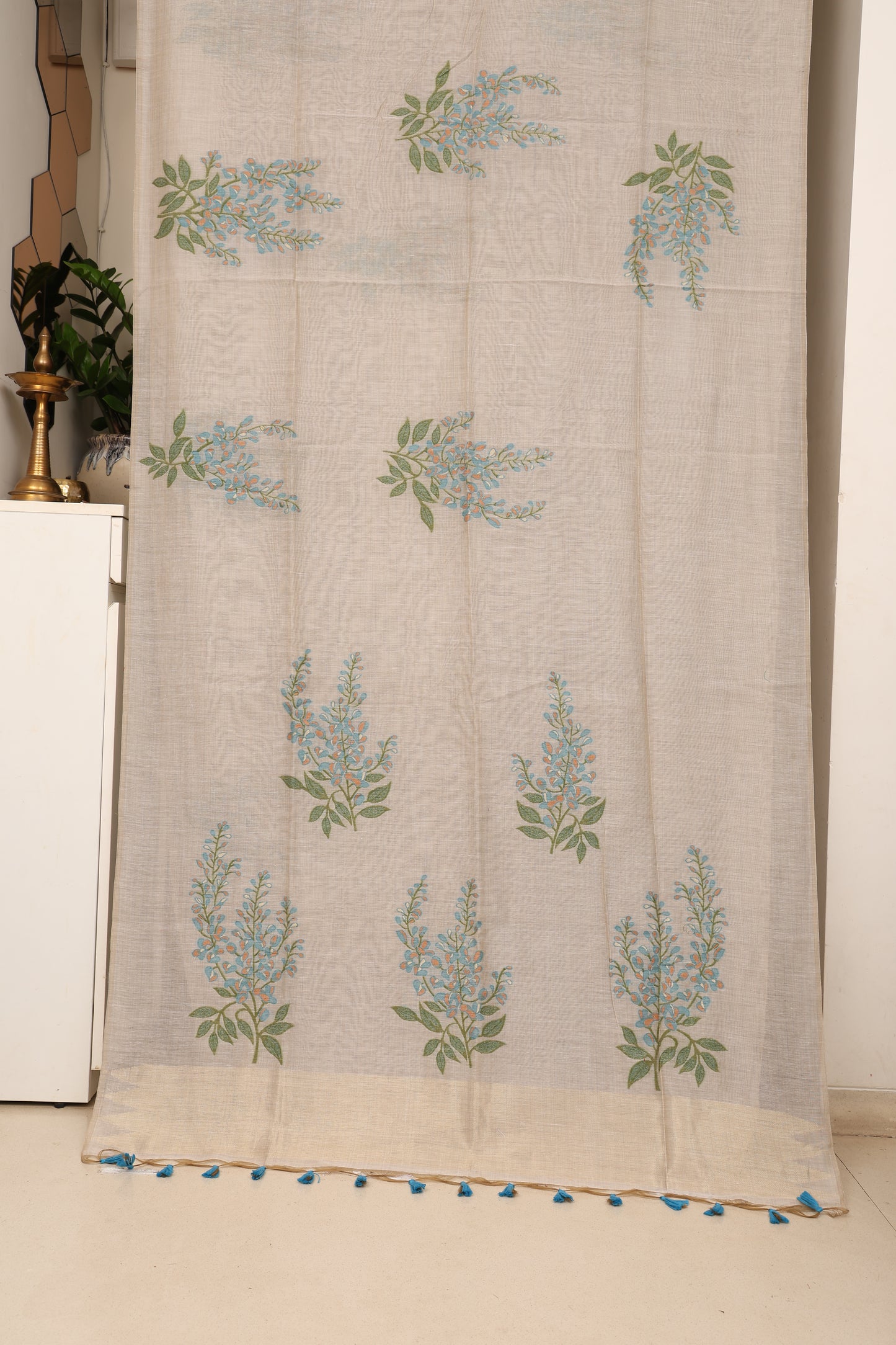 Ivory Sky Blue Muga Cotton Silk