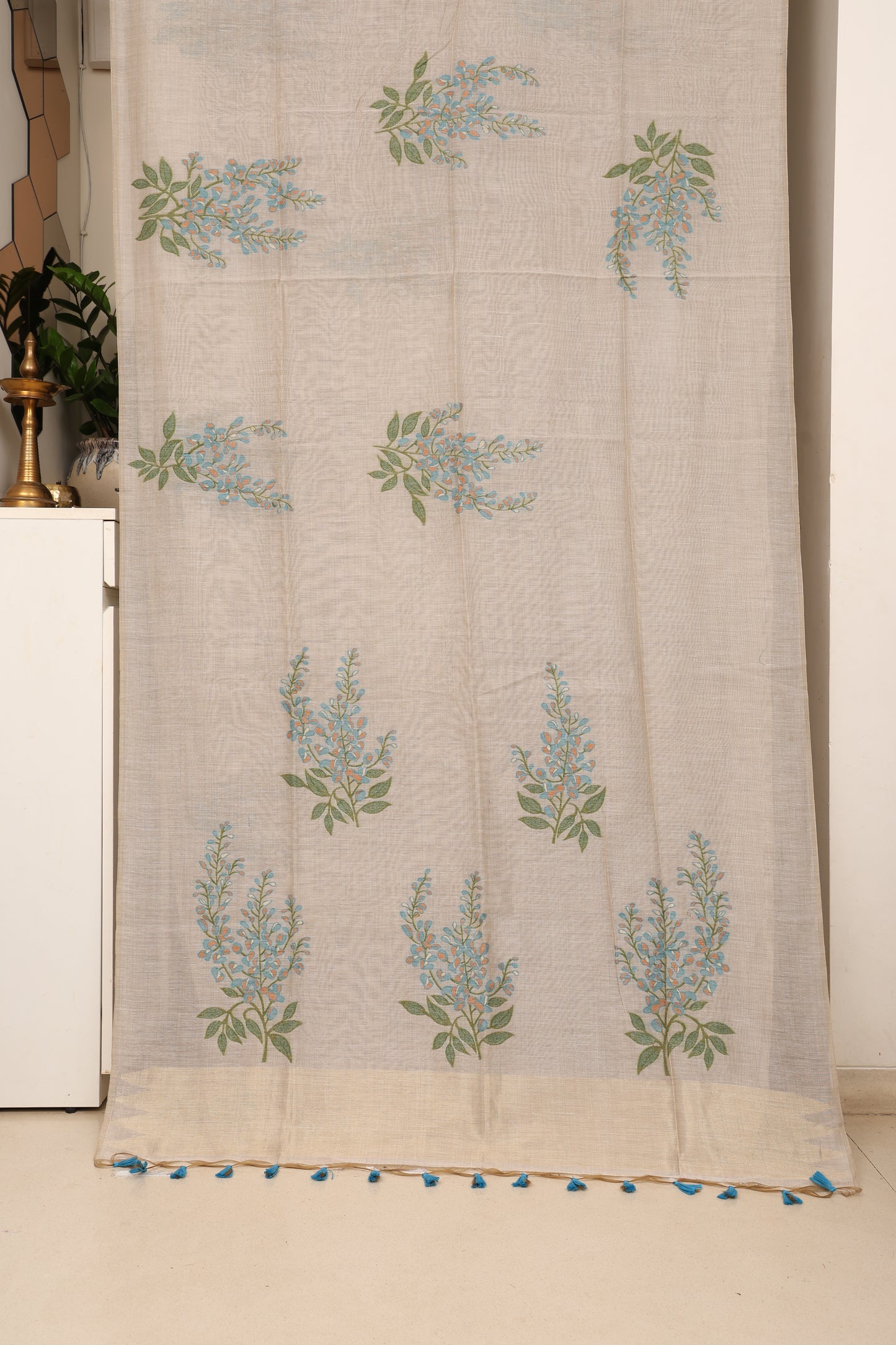 Ivory Sky Blue Muga Cotton Silk
