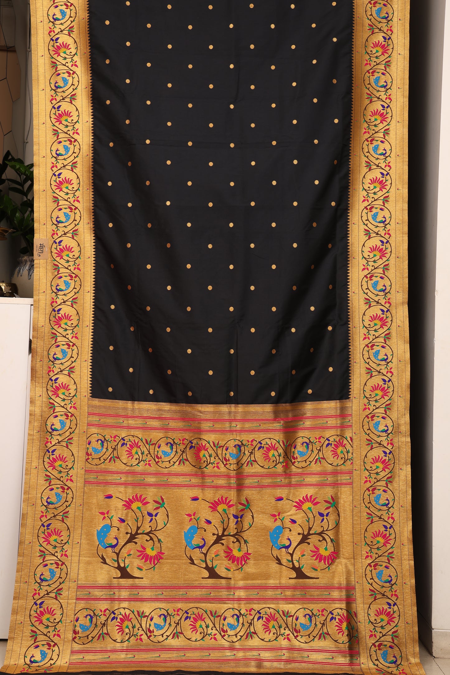 Jet Black Mayur Chakra Paithani