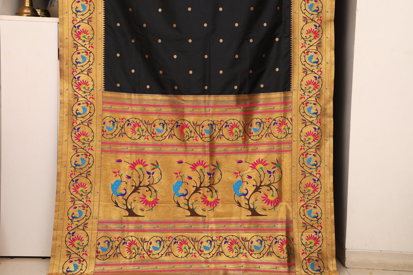 Jet Black Mayur Chakra Paithani