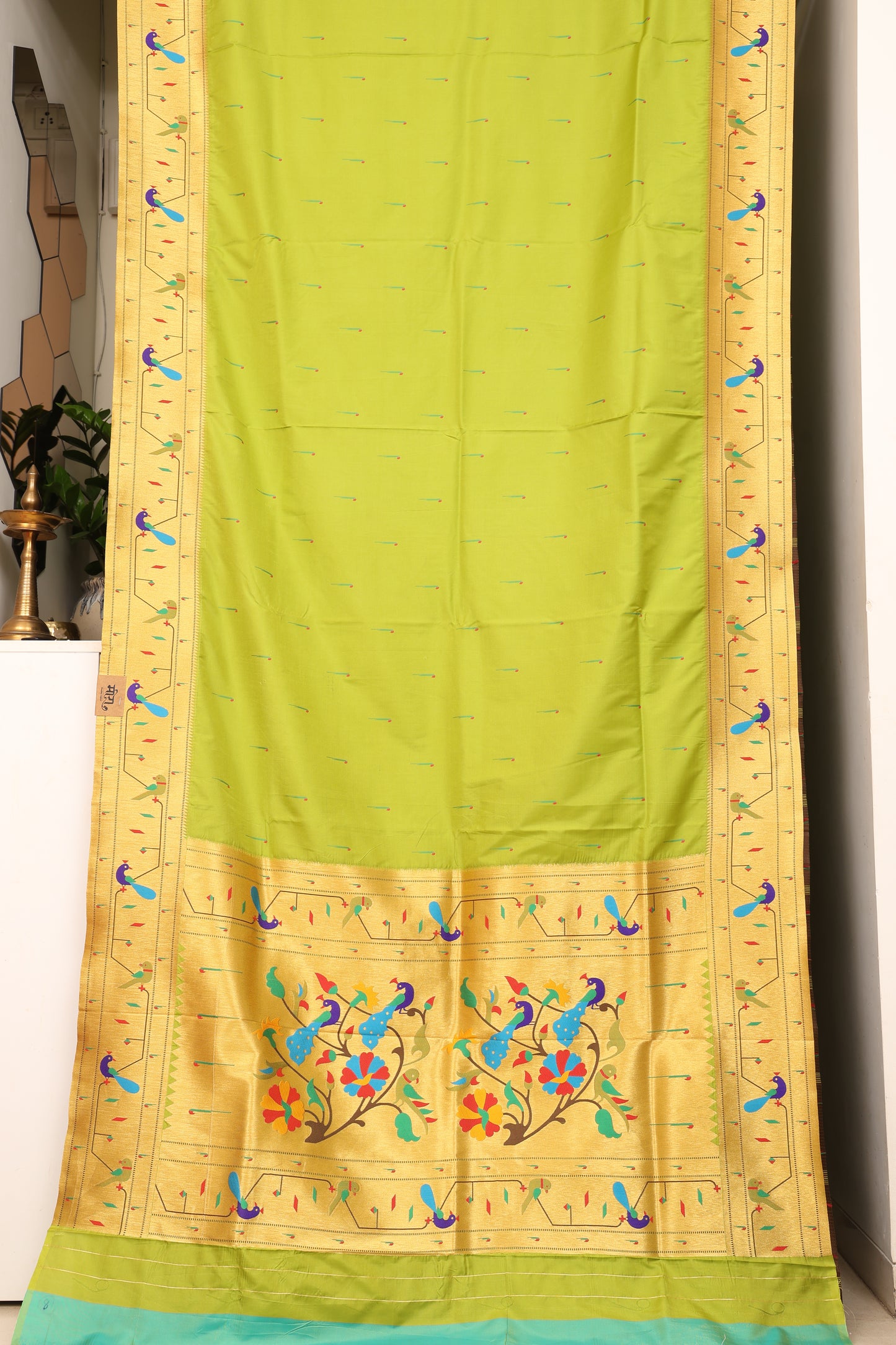Parrot Green Tota Maina Border Paithani