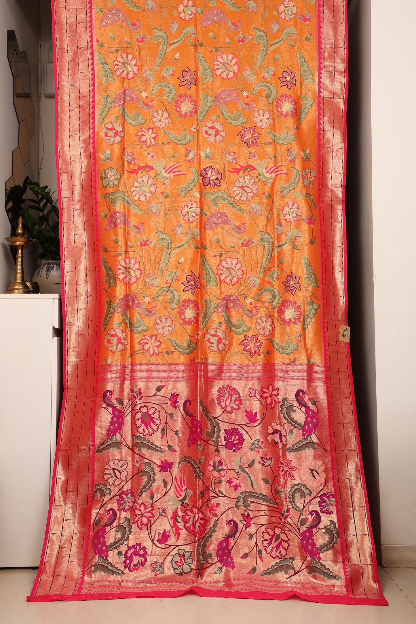 Burnt Orange Floral Brocade Paithani