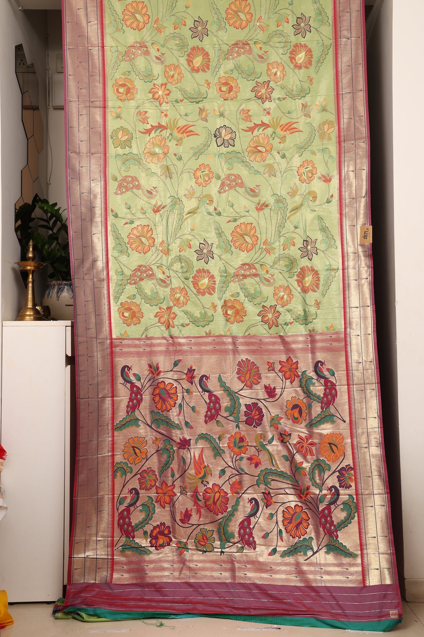 Pista Green Floral Brocade Paithani